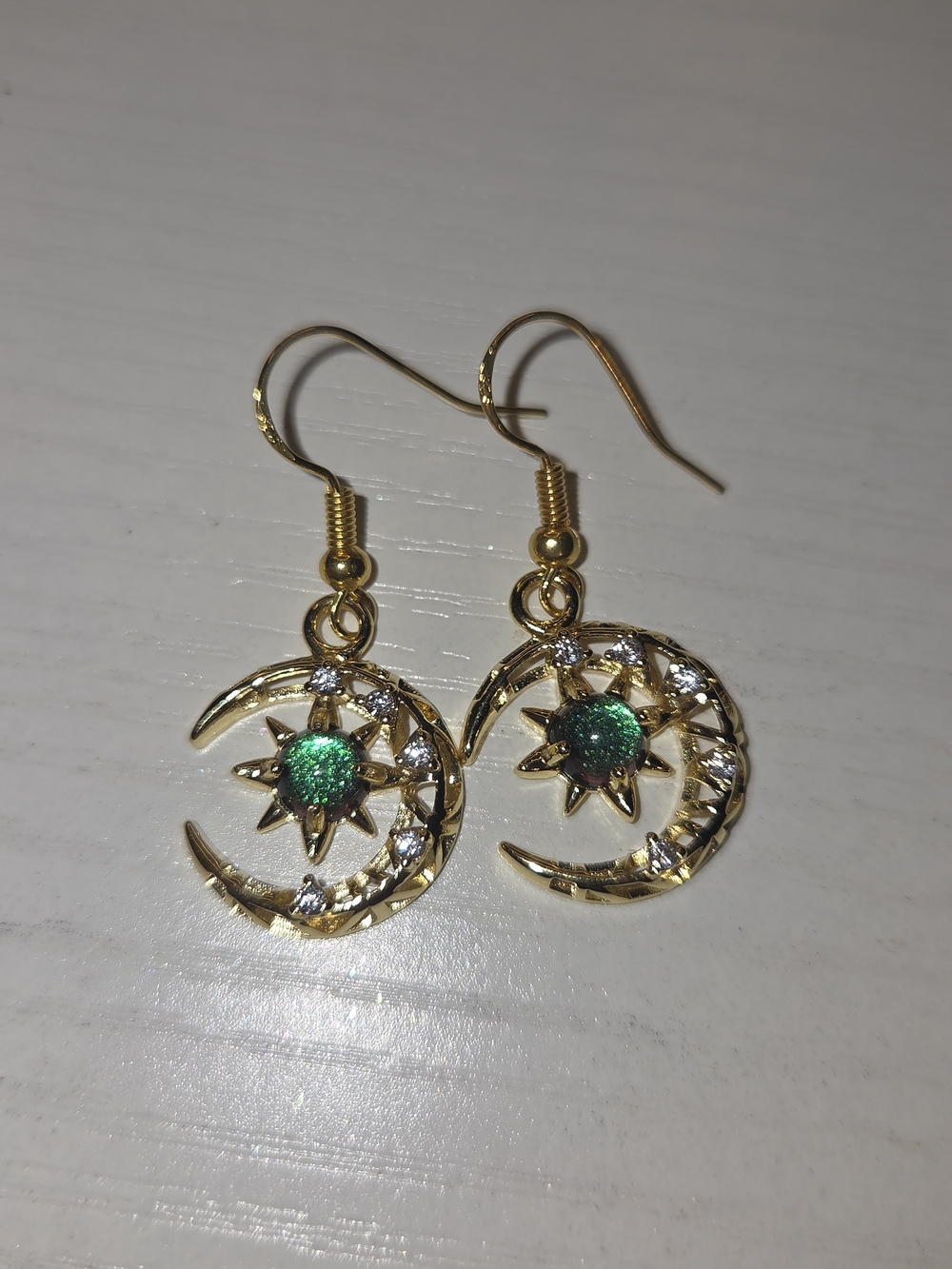 Gold Crescent Moon & Green Sun Dangle Earrings - Women Jewelry